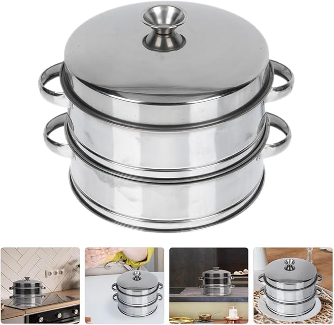 Sosoport 2-tier Stainless Steel Cooking Steamer with Cover Thickened Food Steamer for Home Kitchen Multi-functional Dumpling and Bun Small Commercial Size for Breakfast and Dim Sum