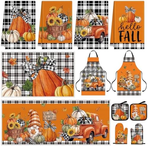 12 Pcs Fall Kitchen Decor Set, Plaid Orange Thanksgiving Kitchen Set