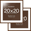 Homeforia 20x20 Brown Picture Frame, High End Dark Oak 20 x 20 Square Wood Frame with Mat 16 x 16 for Photo, 20by20 Wooden Walnut Poster Frame Matted to 16x16 Print, Tempered Glass, Wall Kit, Set of 2
