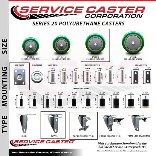 Service Caster Brand Replacement Caster for Uline Caster H-5539SWB - Swivel Top Plate Caster with 4 Inch Green Polyurethane Wheel and Top Lock Brake - Fits Carts, Dollies and Poly Box Trucks H-1956