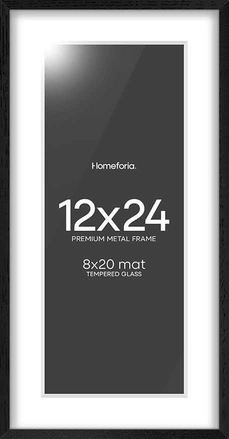 Homeforia 12x24 Black Wood Picture Frame, High End Oak 12x24 Poster Frames with Mat 8x20 Photo, 12 x 24 Black Wooden Frames Matted to 8 by 20, 24x12 Panoramic Frame, Tempered Glass, Wall Kit, Set of 1
