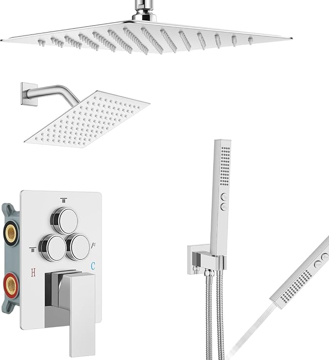 Aolemi Shower Faucet Set Ceiling Mount Shower System Rough-in Valve and Shower Trim Kit 2 in 1 Handheld Spray Push Button Diverter 10 and 6 Inch Dual Shower Head Polish Chrome