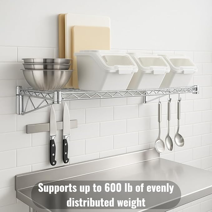 18" x 24" Chrome Wall-Mounted Wire Shelf Kit with Clip-in Ingredient Storage Bins, Heavy-Duty Steel Rack, Supports up to 600 lb, Flip-Top Lids, Open-Wire Design for Kitchen/Prep/Storage