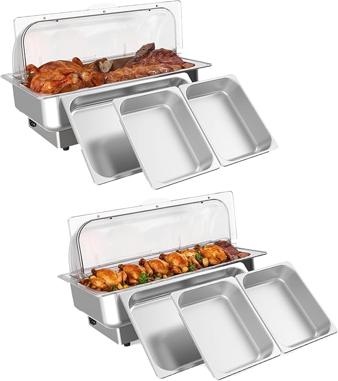 GarveeHome 2 Pack Electric Chafing Dishes Buffet Set, Roll Top Catering Chafer Server Food Warmer with Cover and 1 Full-Size Pan & 2 Half-Size Pans for Party Wedding Banquet
