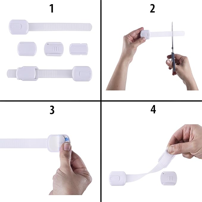 Child Safety Cabinet Locks (4 Pack) – Adjustable Baby Proofing Strap Latches with Strong 3M Adhesive – No Drill Childproof Locks for Drawers, Cabinets, Fridge, Door, Closet, White