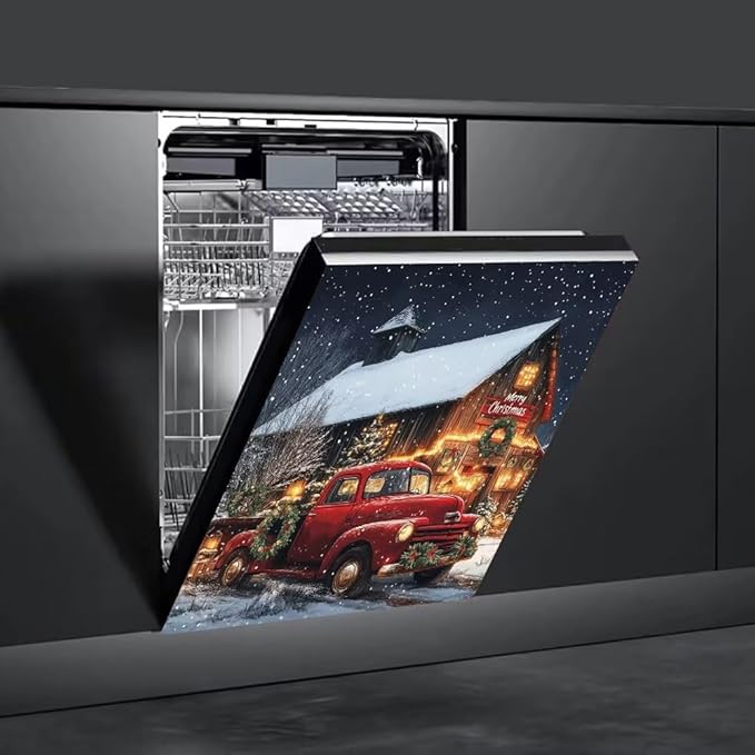 Christmas Red Truck with Barn Scene Magnetic Dishwasher Cover Vinyl Sticker,Vintage Barn Dishwasher Magnet Cover, Xmas Fridge Door Cover Magnets Art Skin Panel Decal for Home Decor, 23"X26"