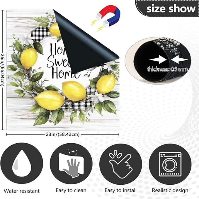 Home Sweet Home Lemon Wreath Dishwasher Magnet Cover,Pastoral Buffalo Check Magnetic Dishwasher Cover Vinyl Sticker,Wood Fridge Door Cover Magnets Art Skin Panel Decal,Home Decor Decal,23"X26"