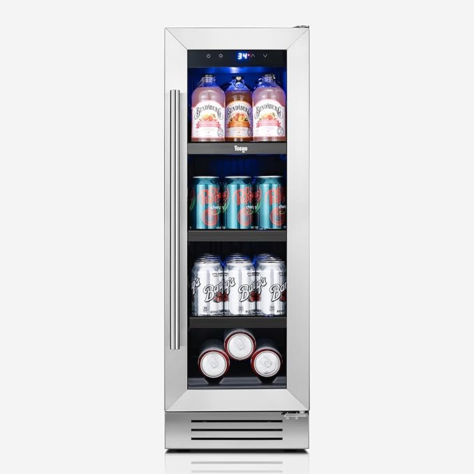 Yeego Beverage Refrigerator & Drink Fridge - 12 inch 60 Cans Beer Cooler Glass Door, 34-54℉ Under Counter Refrigerator Built-in for Drink Soda Wine for Bar Office Bedroom