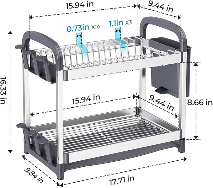 Nieifi 2-Tier Dish Drying Rack, Large Stainless Steel and Aluminum Kitchen Organizer