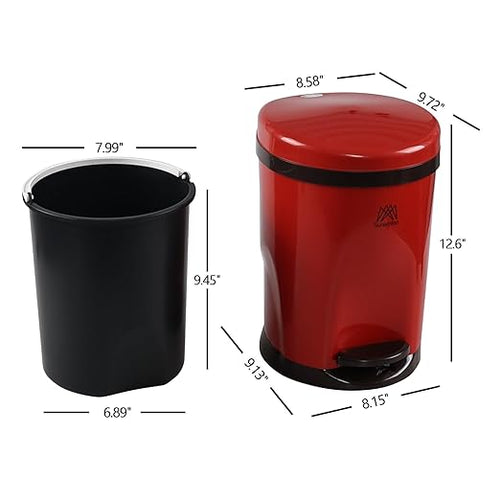 1.8 Gallon Plastic Round Step Trash Wastebasket with Lid, Small Bathroom Step Pedal Trash Can with Inner Bucket, Red