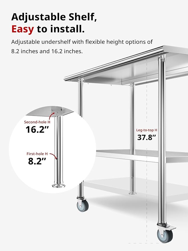 All-Stainless Steel Prep Table, 24 X 48 Inches, with Wheels and Adjustable Undershelf, Heavy-Duty for BBQ,Restaurants,Hotels,Workshops,Kitchens,Gardens, and Garages
