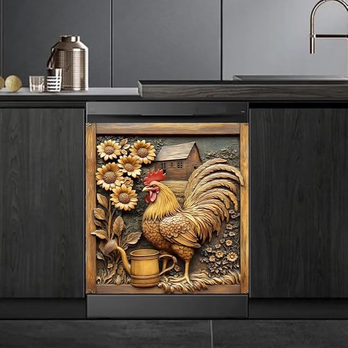Vintage Wooden Sunflowers Magnetic Dishwasher Cover Vinyl Sticker, Rustic Wood Rooster Dishwasher Magnet Cover, Farm Fridge Barn Door Cover Magnets Art Skin Panel Decal for Home Decor, 23"X26"