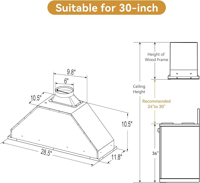 Range Hood Insert 30 Inch, Built-in Kitchen Hood with 580 CFM, 5-Layer Aluminum Mesh Filter, Ducted/Ductless Convertible Duct, Stainless Steel Kitchen Vent Hood, 3-Speed Controls, LED Lights