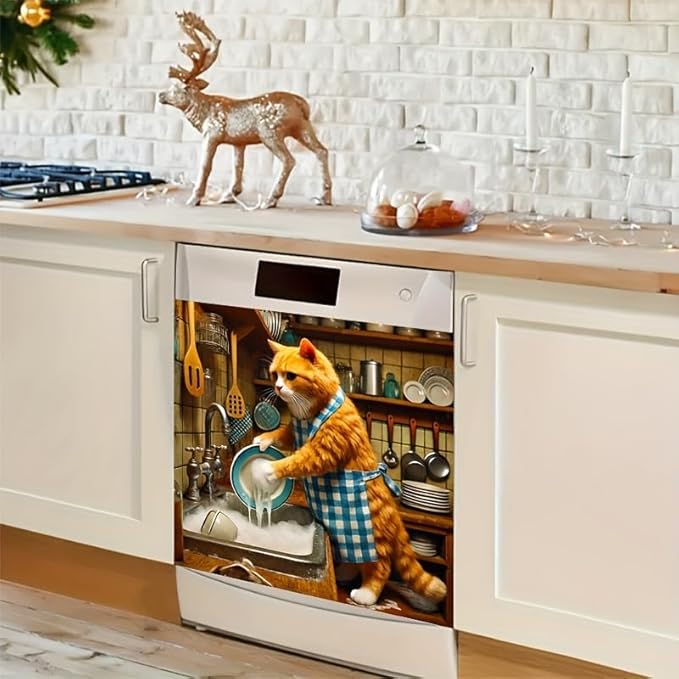 Cat Dishwasher Cover Magnet Kitchen Decor 23x26 Inch Funny Cat Dishwasher Magnet Cover Front Door Panel Decal Cover Sticker for Country Farmhouse Window Fridge Decoration