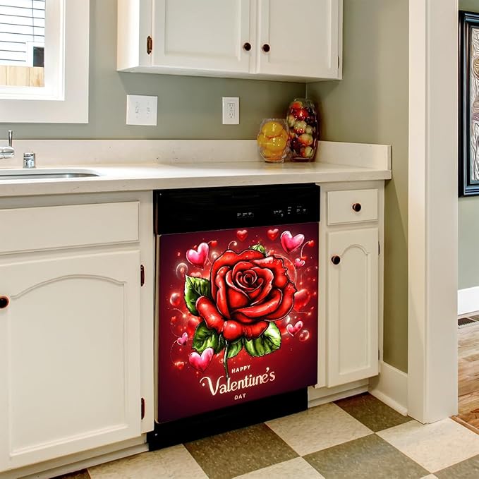 Valentine Day Flower Rose Dishwasher Magnet Cover Magnetic Dishwasher Decorative Cover Front Dishwasher Door Covers Reuseable Dishwasher Covers Decal for Kitchen Home Decorative