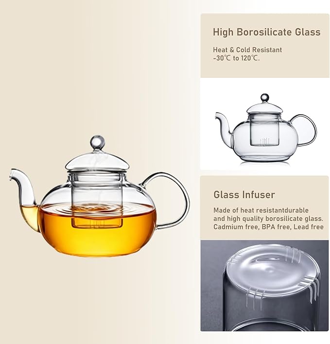 800ml(27oz) Borosilicate Glass Teapot with Removable Glass Infuser, Stovetop Safe Clear Tea Kettle for Blooming and Loose Leaf Tea