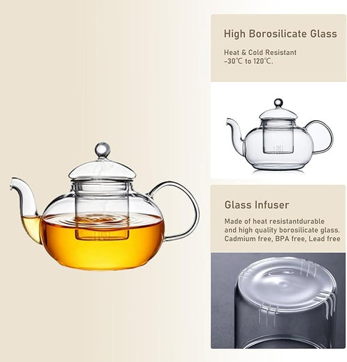 1000ml(33.8oz) Borosilicate Glass Teapot with Removable Glass Infuser, Stovetop Safe Large Tea Kettle for Blooming and Loose Leaf Tea