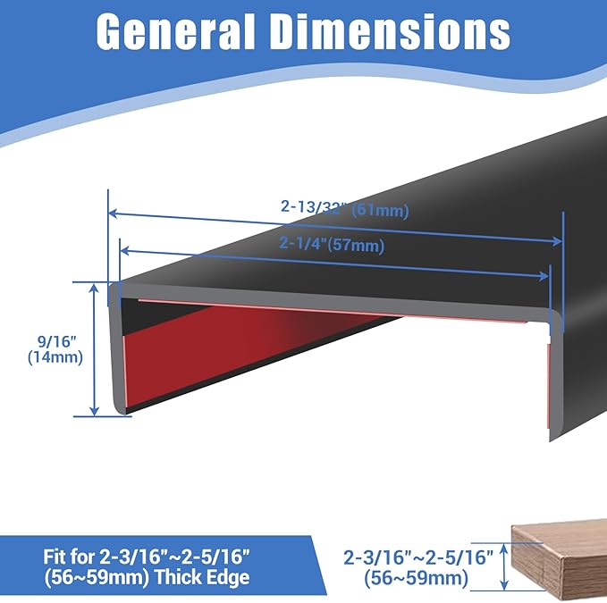 Rubber Edge Trim, Self-Adhesive U Shaped Edge Protector for Plywood, Cabinet, 2-1/4" Wood Edge Banding, Flexible Furniture Repair, EPDM Material, Fit 2-1/4"(57mm), Length 10Ft, Black