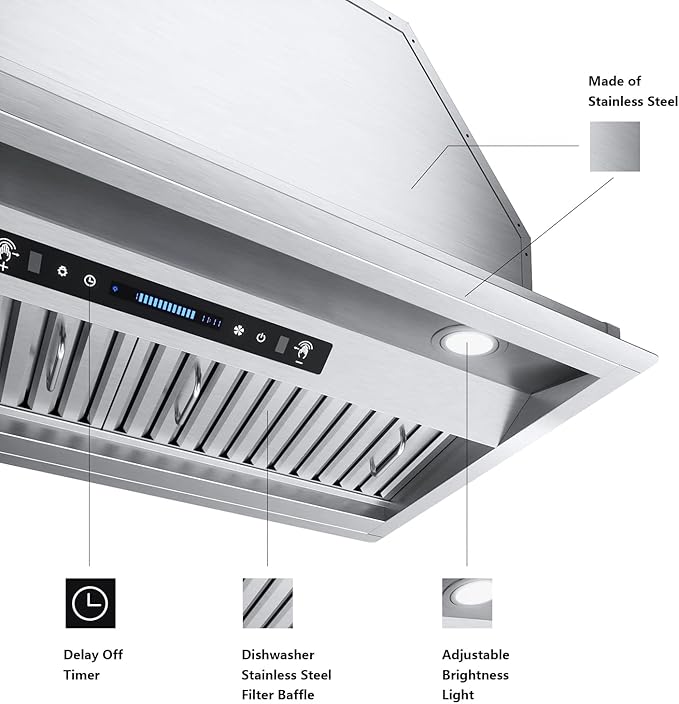 IKTCH 36 inch Built-in/Insert Range Hood 900 CFM, Ducted/Ductless Convertible Duct, Stainless Steel Kitchen Vent Hood with 2 Pcs Adjustable Lights and 3 Pcs Baffle Filters with Handlebar(IKB02-36'')