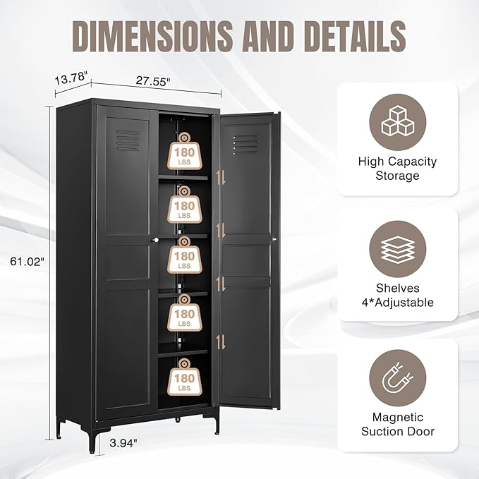 Yizosh Metal Pantry Cabinet,Tall Kitchen Pantry Storage Cabinet with Doors and Adjustable Shelves - 61" Black Cupboard Cabinet for Kitchen, Living Room,Dining Room,Home