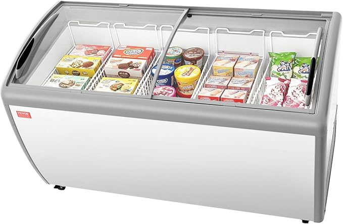 VEVOR Commercial Ice Cream Display Case, 16.3 Cu.ft Chest Freezer, -19 to 3℉ Temp Adjustable Mobile Top Deep Freezer with 5 Wire Baskets, 2 Sliding Glass Doors, Locking Casters & LED Strip Lighting