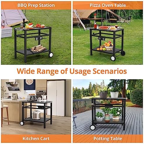 Outdoor Grill Cart - Portable Barbecue Table with Rolling Wheels, Hooks, Double Shelves, Removable Steel Flat Top Work Surface, Side Handles, Multifunctional Commercial Design