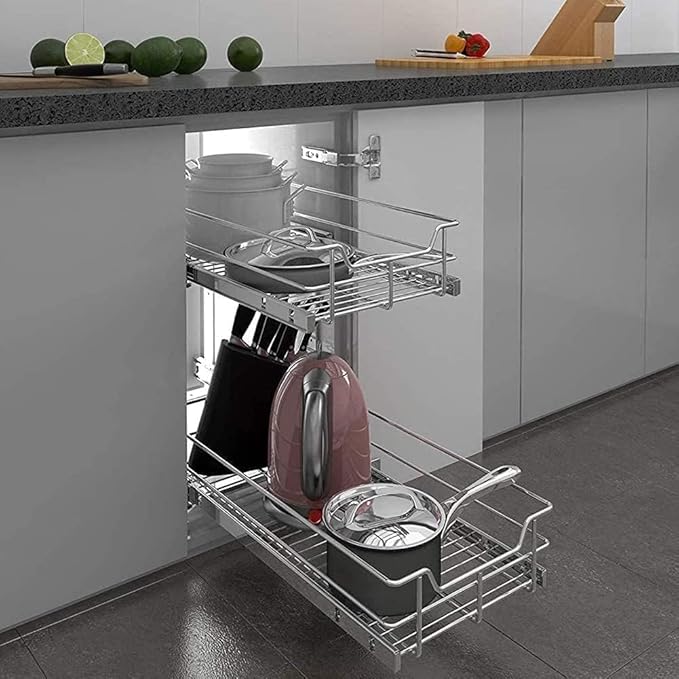 2 Tier Pull Out Cabinet Organizer 15" W X 22" D, Slide Out Drawers For Kitchen Cabinets, Pull Out Drawers For Cabinets Capacity Heavy Duty Caddy, Cabinet Pullout Shelves Chrome-Plated,Bathroom Pantry | Slide Out Drawers, For Kitchen Cabinets, Heavy Dut...