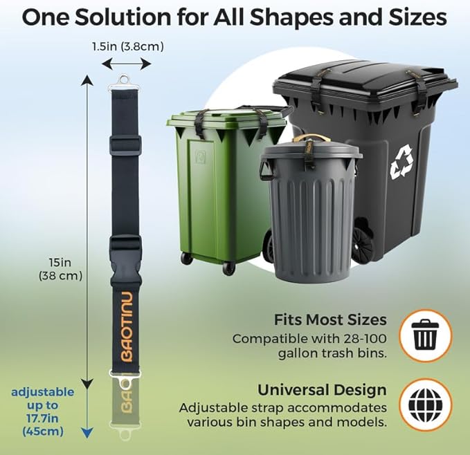 Trash Can Lock for Animals, 2PCS Adjustable Straps Garbage Can Locks for 28-100 Gallon Outdoor Bins, Bear Proof Trash Can Lock with Anti-Rust Metal Buckle, One-Hand Release Lid Locking Design
