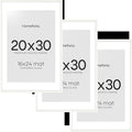 Homeforia White 20 x 30 Frame, High End Oak 20 x 30 White Wood Poster Frames with Mat 16 by 24 Photo, 20x30 Wooden Picture Frame Matted to 16x24, 30x20 Large Frames, Tempered Glass, Wall Kit, Set of 3
