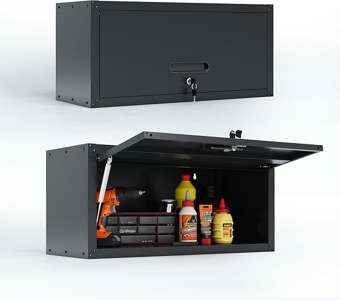 Metal Wall Cabinet,Wall Mounted Garage Cabinets with Lockable Up-Flip Door,Black Hanging Storage Cabinet 130 lbs Capacity,Floating Cabinet for Tool Organization in Basement,Workshop,Kitchen