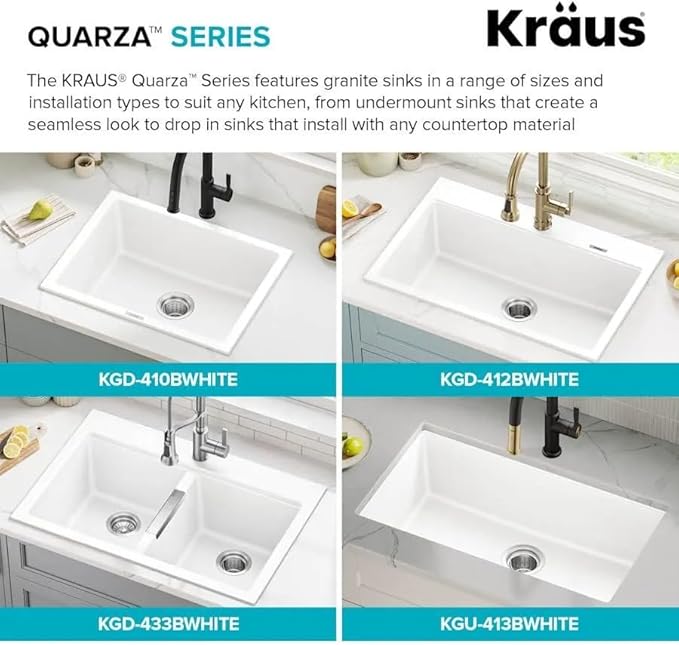 KRAUS Quarza 24-inch Kitchen Sink Drop-In/Undermount Single Bowl Granite Kitchen Sink Black Onyx, KGD-410B