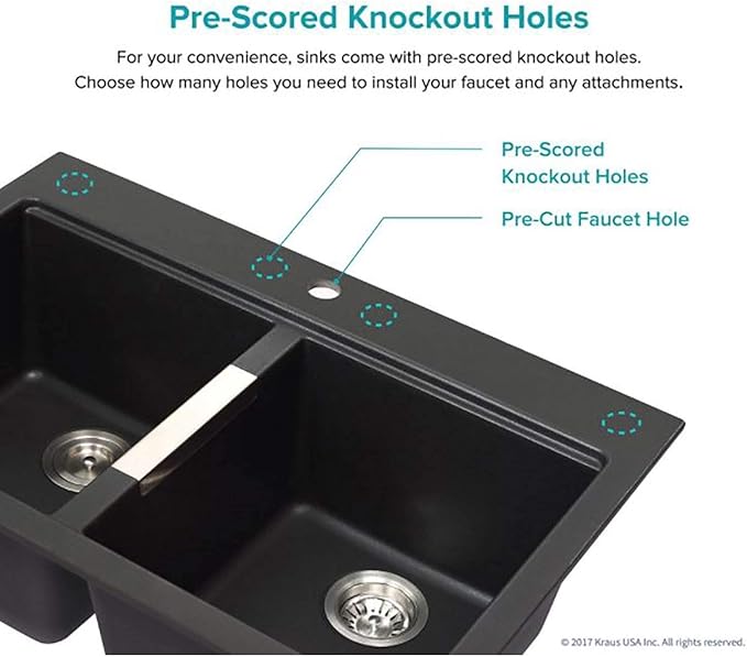 KRAUS Quarza 33-inch Drop-In/Undermount 50/50 Double Bowl Granite Kitchen Sink in Black Onyx, KGD-433B