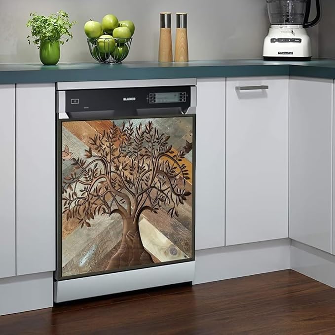 Stainless Steel Tree of Life Dishwasher Magnet Cover for Front, Wooden Door Magnetic Refrigerator Cover Skin Decor, Birds Dishwasher Panel Decal, Magnetic 23" x 26"