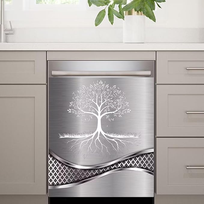 Imitation Stainless Steel Design Tree Painting Dishwasher Magnetic Cover Sticker Refrigerator Door Panel Fridge Appliance Magnet Decal Sheet Kitchen Decor 23x17 inch