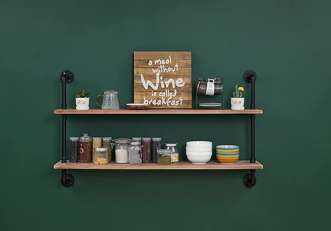 Pipe Shelves Industrial Pipe Shelving Real Wood Industrial Floating Shelves with Wood Planks 48 inch Wall Shelves Rustic Hanging Bookshelf Farmhouse Kitchen Bar Shelving