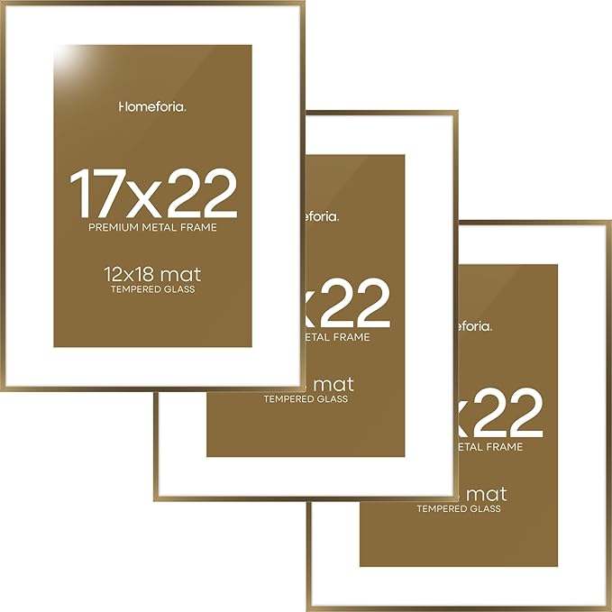 Homeforia 17x22 Picture Frame Bronze, High End Metal 17x22 Brass Poster Frames with Mat 12x18 Photo, 17 x 22 Frame Matted to 12 by 18 inch Print, 22by17 Thin Frames, Tempered Glass, Wall Kit, Set of 3