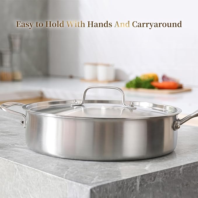 DELARLO Tri-Ply Stainless Steel 3.5 Quart Braiser Pan with Lid Induction Rondeau Pot With Lid 12inch Deep Frying Pan Large Saute Pan Heavy Duty Style Compatible With All Cooktops Up to 650℉