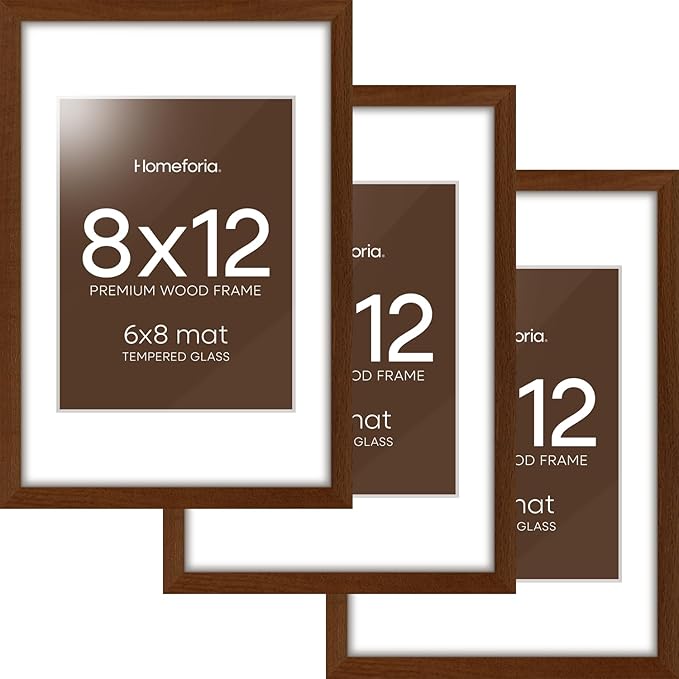 Homeforia 12x8 Picture Frame Brown, High End Dark Oak 8x12 Walnut Wooden Frames with Mat 6x8 Photo, 8 x 12 Wood Frame Matted to 6 by 8 Print, Wall or Tabletop Frame, Tempered Glass, Wall Kit, Set of 3