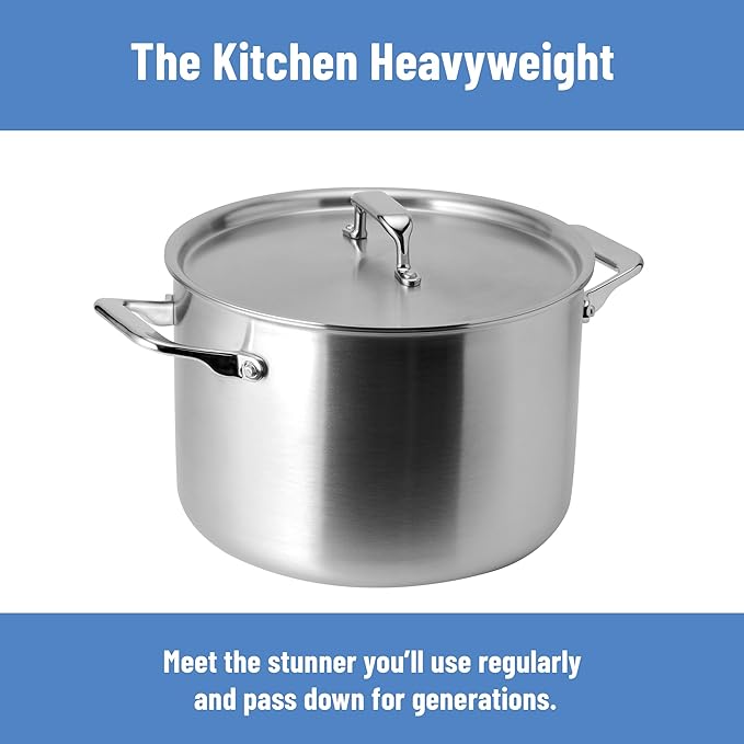 Misen 5-Ply Stainless Steel Stockpot – Large Cooking Pot for Boiling, Simmering & Stewing - Consistent, Even Heating - Durable, Dishwasher Safe – Oven-Safe to 800F, Induction Ready - 8 QT