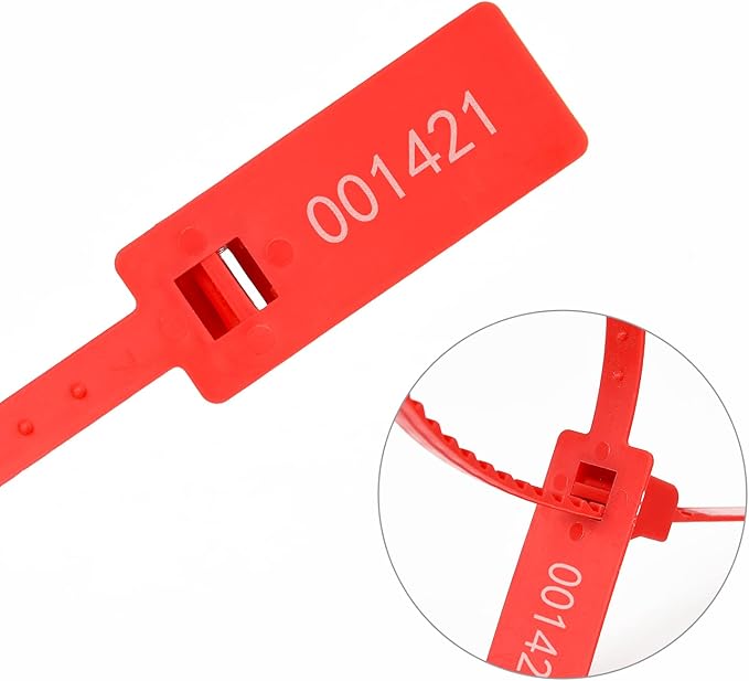 Heavy Duty Plastic Security Tag Self-Locking Tamper-Evident Shipping Numbered Pull Tight Securing Straps 337mm 13.2" (Red 100 PCS)