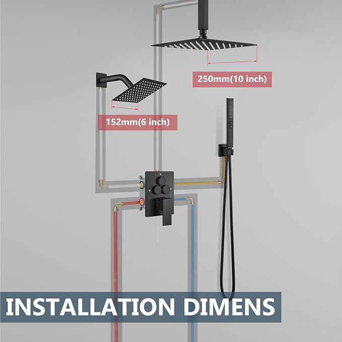Aolemi Shower Faucet Set Ceiling Mount Shower System Rough-in Valve and Shower Trim Kit 2 in 1 Handheld Spray Push Button Diverter 10 and 6 Inch Dual Shower Head Matte Black