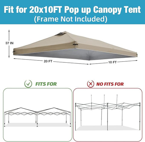 10x20 Canopy Replacement Top Cover with Air Vents for ez up Pop up Canopy Gazebo Tent, with Adjustable Strap, Waterproof & Anti-UV for Outdoor Shade (Top Only, Frame Not Included) (Tan)