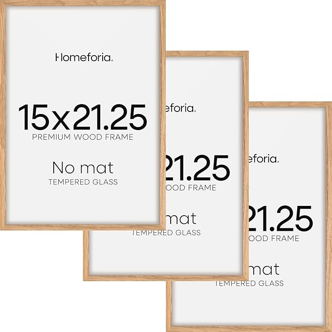 Homeforia 15x21.25 Puzzle Frame Wooden, High End Natural Oak 15 x 21.25 Picture Frames Light Wood without Mat, 21.25x15 Poster Frame for Wall, 15by21.25 Thin Frames, Tempered Glass, Wall Kit, Set of 3