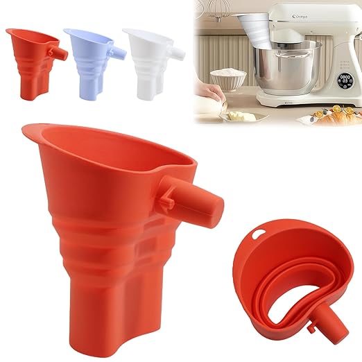 Silicone Foldable Flour Funnel for Kitchen Aid Mixer,Easy Pour No-Mess Attachment,Anti-Splash Accessory,Fits Tilt-Head 4.5–7 Qt (KSM152),Durable Dishwasher-Safe Baking Tool(Red)