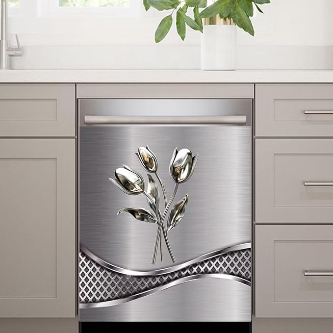 Imitation Stainless Steel Flower Wallpaper Dishwasher Cover Decorative Magnetic Sticker Kitchen Refrigerator Covers for The Front Fridge Door Magnet 23W x 26H inchs