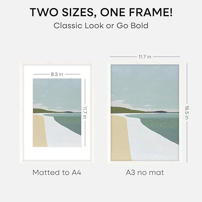 Homeforia A3 Picture Frame White Wood, High-End Oak 11.7 x 16.5 White Poster Frames Matted to 8.3 by 11.7 Photo, 11.7x16.5 Size Wooden Frame with Mat 8.3x11.7 Print, Tempered Glass, Wall Kit, Set of 3