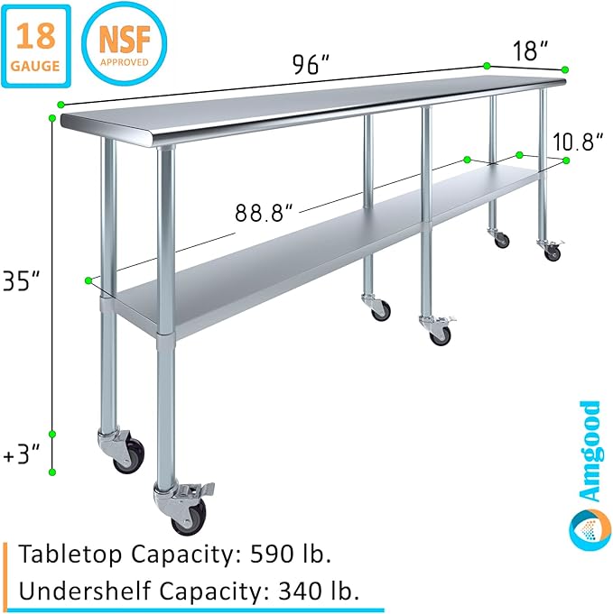 AmGood 96" Long x 18" Deep Stainless Steel Table with Casters