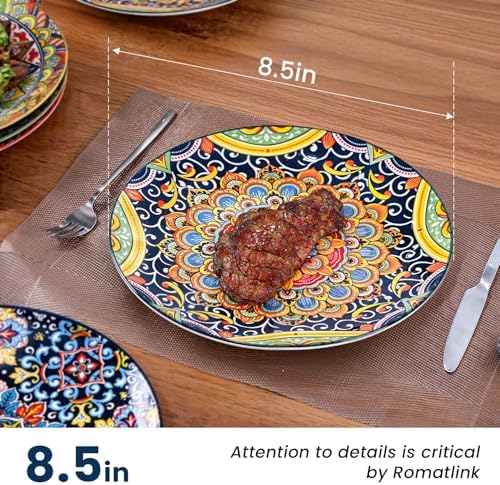 8.5 Inch Ceramic Dinner Plates Set of 6, Bohemian Appetizer Dessert Plates, Microwave Oven Dishwasher Safe, Hand Painted Artisan Design, Gift for Housewarming Thanksgiving