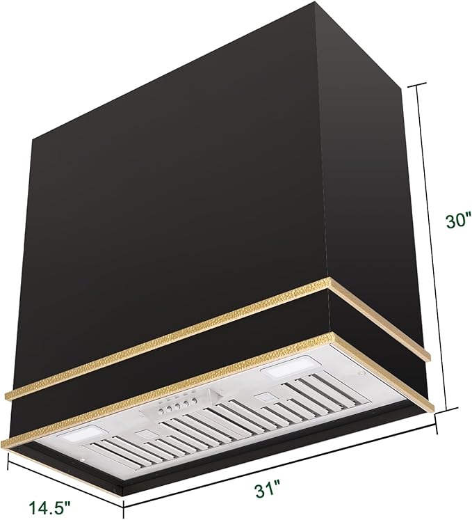 Akicon Range Hood 30 Inch, Stainless Steel Ducted Kitchen Hood with Powerful Motor, Wall Mount Modern Box, 30W X 30H X 14D Inch, AK-HS30HA-JBG (30 Inch, Jet Black with Gold)