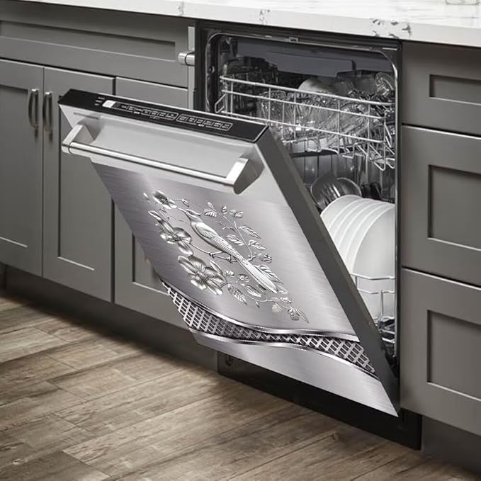 Imitation Stainless Steel Design Bird Wallpaper Dishwasher Cover Magnetic Sticker Refrigerator Door Panel Cover Fridge Appliance Magnet Decal Sheet 23x17 inch